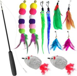 lot 5269 image: Retractable cat wand toys, 10PCS teaser refills-feather & worm refills and chirping mouse toy, interactive cat teaser toys for indoor cats, fishing pole games for bored indoor kitten exercise & play
