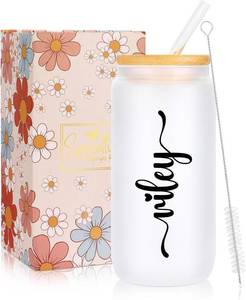 lot 5290 image: Riley Personalized Name Gifts for Women, Coworker Teacher Gifts for Women, Christmas Mothers Day Birthday Gifts for Mom Grandma Daughter Sister 16 Oz Can Glass Cups with Lids And Straws