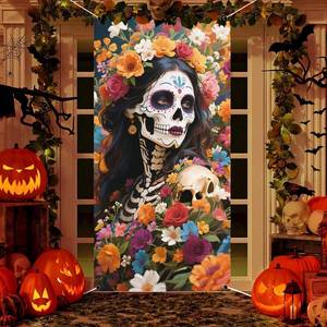lot 5309 image: Day of The Dead Door Cover,Dia De Los Muertos Porch Sign Banner Gothic Halloween Sugar Skull Rose Flowers Backdrop Mexican Fiesta Party Decorations and Supplies for Home House Outdoor Decor