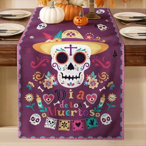lot 13559 image: Lot Of 2 D a de Los Muertos Table Runner - 13x72 Mexico Day of The Dead Table Runner for Altar, Colorful Mexican Sugar Skull & Marigold for Home Party Dinner Decor, Cinco de Mayo Rustic Decoration