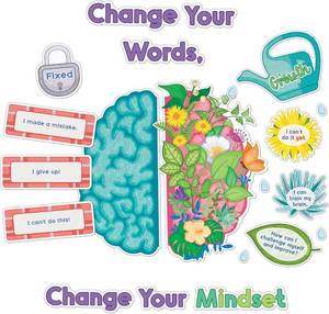 lot 13560 image: Carson Dellosa Education 10 pc Bloom With a Growth Mindset Bulletin Board Set, Motivational Poster, Plant Cutouts, 2-Piece Brain With Affirmation Cards, Calm Down Corner Supplies and Classroom Decor