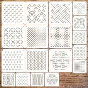 lot 13573 image: Embroidery Stencils for Sashiko Wash Away, Quilting Mending Stencils for Crafts Reusable Wood Burning Drawing Art Paint Patterns for Cake Cookie Canvas Furniture Paper (pattern18)