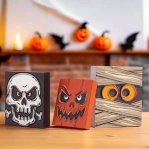 lot 13602 image: Halloween Decorations Indoor - 3 PCS Wooden Ghost Halloween Signs Blocks for Table, Office, Tiered Tray, Fireplace Mantle