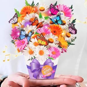 lot 13610 image: Lot Of 3 Mini Birthday Cards, Birthday Gift Card with Music and Light, Flower Bouquet 3D Card with Butterflies for Mom, Women, Wife (Butterfly & Daisy)