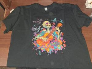 lot 13612 image: XL Black Tee Shirt With Skeleton Playing Guitar
