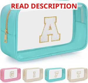lot 13628 image: Personalized Initial Clear Makeup Bag, Travel Chenille Patch Cosmetic Bag, Preppy Toiletry Bag Monogram Cosmetic Pouch with Zipper, Ideal Gift for Teen Girls Women (Clear-Green, Y)