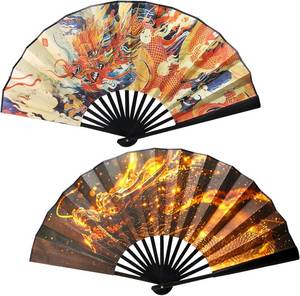 lot 13635 image: Folding Fan Hand Hand Fan - 2PC 13 Hand Fans for Women Foldable,Chinese Vintage Dragon Folding Bamboo Bone Hand Fan, Silk Cloth Large Folding Rave Fan for Festival Dance Club Circuit Parties (Black)