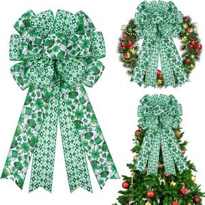 lot 13657 image: Lot Of 2 St Patricks Day Bow for Tree Topper Decorations, Large Green Clover Buffalo Plaid Burlap Bow for Wreath Front Foor, Outdoor St Patricks Day Party Home D cor
