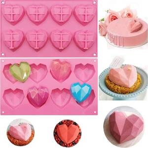 lot 13702 image: Diamond Heart Silicone Molds 2PCS 8-Cavities Food Grade Heart Molds for Cake Baking, Chocolate, French Dessert, Candy, Ice Cube, Soap for Wedding Engagement Valentines Day Party Supplies