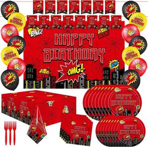 lot 13704 image: Spider Birthday Party Supplies, Superhero Cityscape Decorations with Comic Expressions, Includes Banner, Plates, Napkins, Tablecloth, Backdrop (Serves 20 Guests)