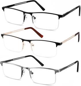 lot 13711 image: JJWELL 3 Pack Mens Reading Glasses Blue Light Blocking, Metal Rectangle Semi Rimless Readers for Men, Anti EyestrainComputer GlareUV, Half Frame Spring Hinge Eyeglasses with Pouches(1.75)