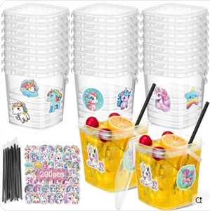 lot 5238 image: 20 Pcs 33.8 oz Clear Drink Buckets with Lids, Straws and Ice Cream Buckets, Reusable Food and Drink Containers for Outdoor Holiday and Birthday Party with 200 Pcs Unicorn Stickers