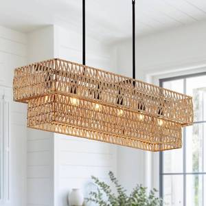 lot 231269 image: Retails for $180 6-Light Boho Rattan Chandeliers for Dining Room, 2 Layer Large Linear Chandelier Rattan Pendant Light Fixture Farmhouse 34 Rectangle Chandelier for Kitchen Island Bar Living Room