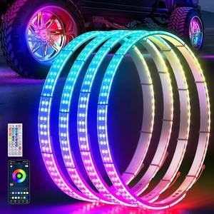 lot 321151 image: Retails for $180 Ehaho 14-18 Double Row Adjustable Wheel Lights, Brighter RGB Chasing Rim Lights with App, Music Wheel Ring Light with Turn & Braking Signal Compatible with Various Trucks SUV Car 4PCS