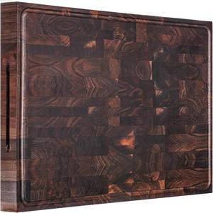 lot 421220 image: Retails for $235 AZRHOM Extra Large Thick Walnut Wood End Grain Cutting Board 24x18x2 In, Wooden Butcher Block, Chopping Board For Kitchen with Juice Groove Handles Non-Slip Pats (Gift Box)