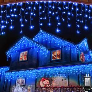 lot 1553 image: 1296LED Christmas Lights with 288 Drops, 131ft 8 Modes Christmas String Lights Outdoor, Waterproof Christmas Decorations Fairy Lights with Timer Memory for Xmas Party Patio Window Fence Tree Blue