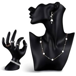lot 1566 image: Yalikop 2 Pcs Resin Jewelry Mannequin Display Set Including Boutique Bust Holder and Hand Ring Holder Necklace Stand Display Earring Holder Organizer for Bracelets Pendant Shows Selling (Black)