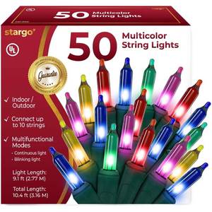 lot 2277 image: Warm Multi Color Christmas Tree Lights - 9 ft String of 50 Incandescent Mini Bulbs Multifunctional Lighting Modes, for Decorative, Bedroom, Outdoor, Xmas Twinkle Lights with Green Wire Total 10.4 ft