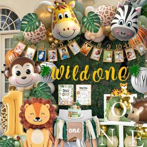lot 2284 image: Daidle Wild One Birthday Decorations, 1st Birthday Decorations for Boy or Girl, Photo Banner, Balloon Box, Balloons Garland, High Chair Banner, Jungle Theme Safari Party Backdrop for Boys & Girls