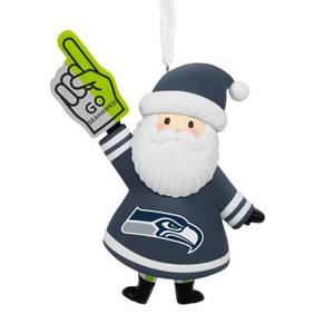 lot 2290 image: Hallmark NFL Seattle Seahawks Santa Fan Christmas Ornament, Gifts for Sports Fans