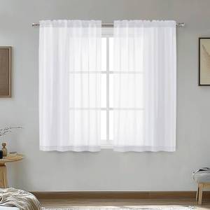 lot 2291 image: OVZME White Sheer Curtains 45 Inch Long 2 Panels, Rod Pocket Voile Drapes for Small Windows, Each 42 by 45 Inches.