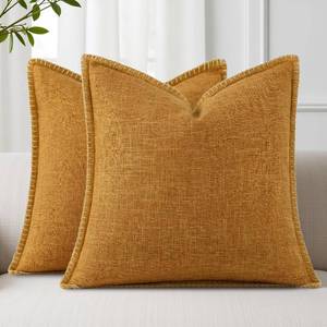lot 2294 image: decorUhome Summer Decorative Throw Pillow Covers 18x18 Set of 2 Square Faux Linen Outdoor Neutral Farmhouse Pillow Covers with Stitched Edge for Couch Sofa Living Room, Bronze Gold