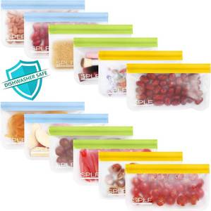 lot 2299 image: SPLF 12 Pack Dishwasher Safe Reusable Snack Bags, BPA Free Storage Bags, Extra Thick Leakproof Freezer Bags Silicone and Plastic Free Lunch Bags Food Storage