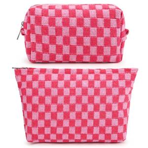 lot 2321 image: SOIDRAM 2 Pieces Makeup Bag Large Checkered Cosmetic Bag Capacity Canvas Mix Travel Toiletry Bag Organizer Cute Makeup Brushes Aesthetic Accessories Storage Bag for Women, Checkered Mix Rose Red