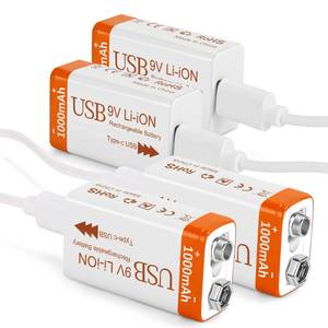 lot 2329 image: Fitinoch Rechargeable Lithium 9V Batteries 1000mAh with 4 in 1 USB Charging Cable, 9 Volt Li-ion 6f22 Battery for Smoke Detector,Guitar Pedals, 4 Pack