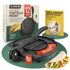 lot 3970 image: SIRCLES Tortilla Press 12 Inch Cast Iron - Extra Large, Heavy Duty 12 Inch Tortilla Press - Ebook Tortilla recipes - 5 Non-Slip Rubber Feet - Pre-Seasoned - Prensa Para Tortillas De 12 Pulgadas Grande