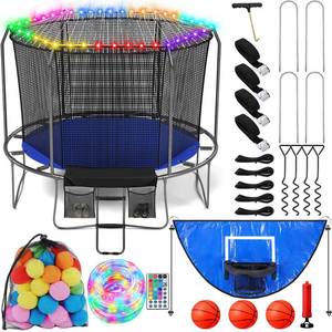 lot 3972 image: Halloscume 70 Pcs Trampoline Accessories Kit, Trampoline Ladder 49.2 ft LED Trampoline Lights Trampoline Sprinkler, 8 Trampoline Stakes, Spring Pull Tool, 51 Water Balls and Trampoline Basketball Hoop