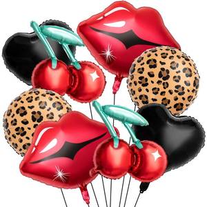 lot 4385 image: Realspring 8 Pcs Black and Red Foil Balloons Kit, Cherry Print, Red Lips, Cheetah Pattern and Black Heart Balloons for Bachelorette Party Decor, Kiss The Miss Goodbye, Womens Birthday Baby Shower
