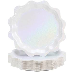 lot 4411 image: Havawish 50 Pcs White Shimmer Wavy Foil Paper Plates 9 Inch Shell Edge Disposable Dinner Plates for Bachelorette Decorations, Happy Birthday Party, Baby Shower, Disposable Tableware, Bridal Shower
