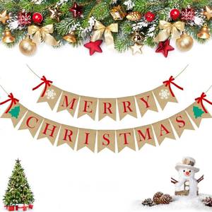 lot 4421 image: PACETAP Merry Christmas Burlap Banner with 4 Red Bows, Home Indoor Christmas Decorations for Fireplace, Chimney, Wall, Tree