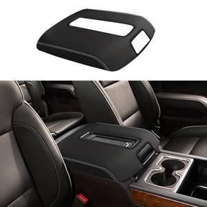 lot 4434 image: XYHGM Car Center Console Armrest Cover for Chevy Silverado & GMC Sierra 2014 2015 2016-2018 Leather Anti-Scratch Central Arm Rest Box Lid Seat Cover Protector Accessories(WBucket Seat,White Stitches)