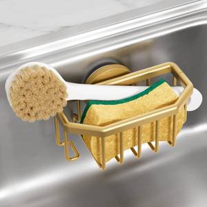 lot 4451 image: TAILI Sponge Holder for Kitchen Sink with Strong Suction Cup, Rustproof Aluminum Sink Caddy for Sponges, Brushes, Stoppers & Scrapers, Gold