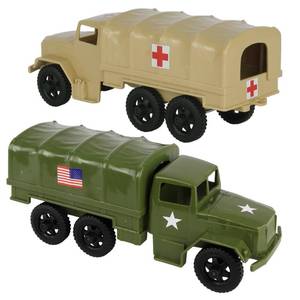 lot 8279 image: TimMee Plastic Army Men Trucks - OD Green & Tan M34 Deuce and a Half Cargo Vehicles US Made
