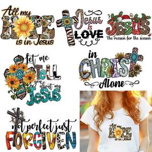 lot 8303 image: 6Pcs Jesus Iron on Patches Washable Jesus is Love Cross Pattern Heat Transfer Vinyl Decals Jesus Thermal Transfer Sticker Iron on Appliques Jesus Accessories Decorations for Clothes Craft DIY Patches