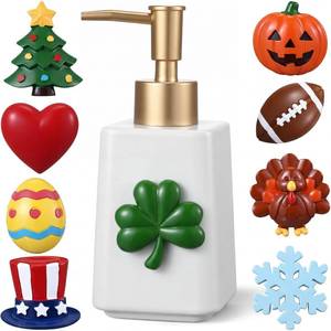 lot 8317 image: Gejoy St. Patricks Day Easter Seasonal Soap Dispenser Magnetic Interchangeable Set - Ceramic Hand Soap Dispenser with 9 Seasonal Resin Ornaments & Magnetic Pads-Festive Bathroom & Kitchen Dec(Gold)