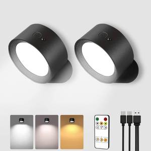 lot 8319 image: AMETHEUS LED Wall Mounted Lights, Rechargeable Wall Sconces Lamp, 3 Color Temps & Remote and Touch, 360°Rotation Dimmable Cordless Wall Light for Study Bedroom Reading Bedside(Black, 2 Pack)