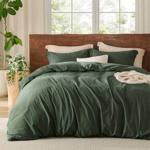 lot 10085 image: Bedsure 100% Washed Cotton Duvet Cover Queen Size - Olive Green Minimalist Cotton Duvet Cover Linen Like for All Seasons - GentleSoft�� Plain Simple Bedding (Olive Green, Queen, 90x90)