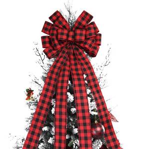 lot 10091 image: Christmas Checked Tree Topper,48x13 Inches Large Toppers Bow,Red and Black Plaid Buffalo Decorative Bows for Christmas Decoration (Red and Black Plaid)