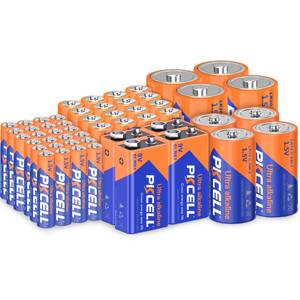 lot 10100 image: PKCELL 51 - 52 Counts Alkaline Batteries, 16 Counts AA Batteries, 24 Counts AAA Batteries, 4 Counts C Batteries, 4 Counts D Batteries 9V Batteries for Household Electronics