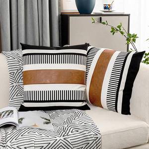 lot 10105 image: Vfuty Pack of 2 Faux Leather and Cotton Patchwork Throw Pillow Covers for Sofa Couch Farmhouse Decorative Square Cushion Cover Boho Stripe Accent Pillow Case 20 x 20 Inch, Black