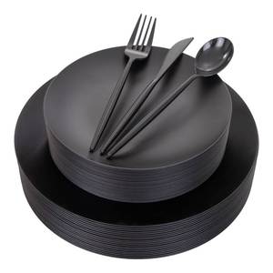 lot 11307 image: EI 150pcs Black Plastic Plates Frosted Plastic Plate,Premium Heavy Duty Black Plastic Plates,Black Disposable Plates with Plastic Silverware,10.25 Dinner Plates and 7.5 Dessert Plate Wedding Party