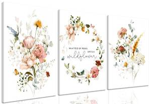 lot 11310 image: 3Pcs Framed Watercolor Flowers Canvas Wall Art In A Field Of Roses She Is A Wildflower Painting Picture Wall Decor Pink wreath Poster Print Artwork for Nursery living room Girls Room Home Decoration