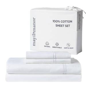lot 11314 image: Mayil Manor 100% Natural Cotton Bed Sheets  500 TC Single-Ply Sateen Weave Cal King Sheet Set  Breathable & Hypoallergenic Solid 4-Piece Bedding with Deep Pocket Fitted, Flat, Pillowcase  White
