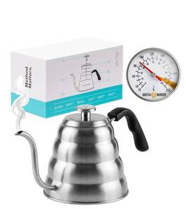 lot 11341 image: Barista Warrior Gooseneck Kettle for Pour Over Coffee and Tea with Thermometer for Exact Temperature, Precision Pour Drip Spout, Stainless Steel, Compatible with all Stove Tops (1.2 Liter, 40 fl oz)