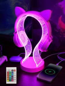 lot 11348 image: YuanDian Pink Headphone Stand, with 1 USB Charging Port and 1 Type-C Charging Ports, Desk Gaming Headset Holder, 16 Changing Colors with Remote, Gift for Gamers Girl and Music Lovers