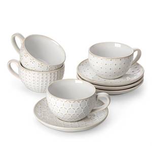 lot 11355 image: MALACASA 8 OZ Cappuccino Cups with Saucers Set of 4 - Ceramic Stackable Tea Cups and Saucers, Embossment Coffee Mugs for Tea, Latte and Mocha, Dishwasher Safe, Arctic white
